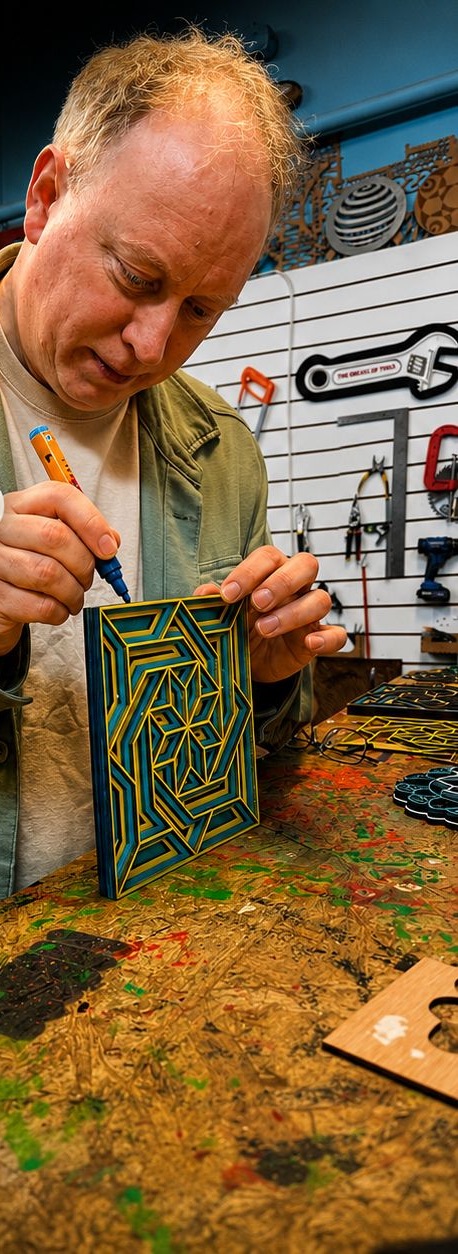 A maker hand-finishing a layered laser-cut mandala piece